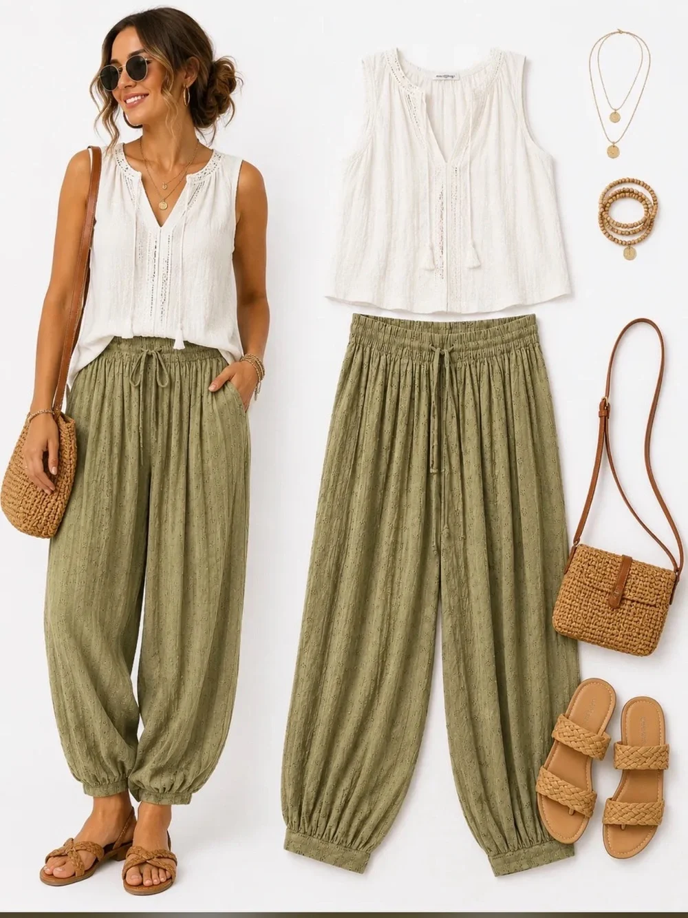 Olive Green  Lightweight Drawstring Harem Joggers